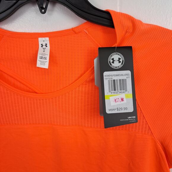 Under Armour HeatGear Shirt Women’s M Orange Fitted Mesh Back‎ Cutout NWT - Picture 2 of 10